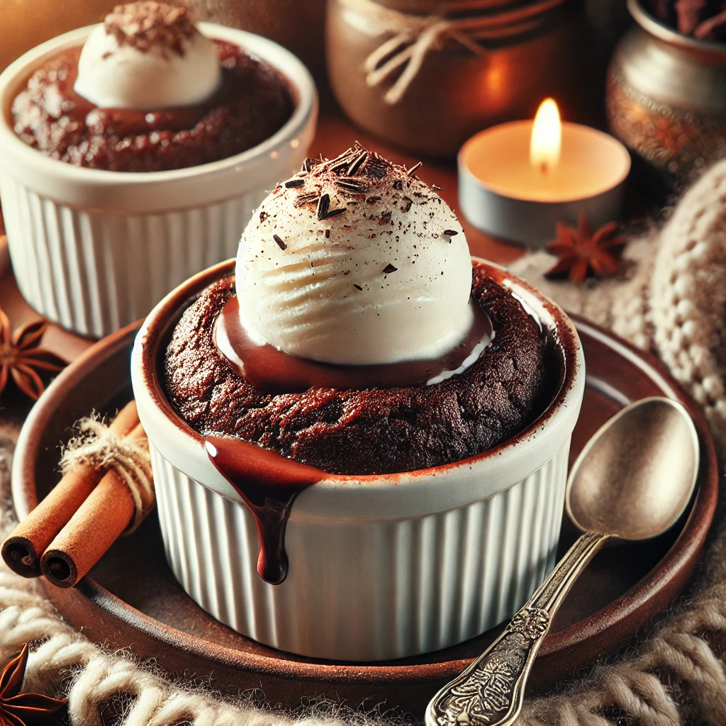 Cozy winter scene with a warm chocolate cake pudding in an individual ramekin, topped with melting vanilla ice cream and dark chocolate shavings, surrounded by a woolen blanket, a cinnamon stick, and soft warm lighting