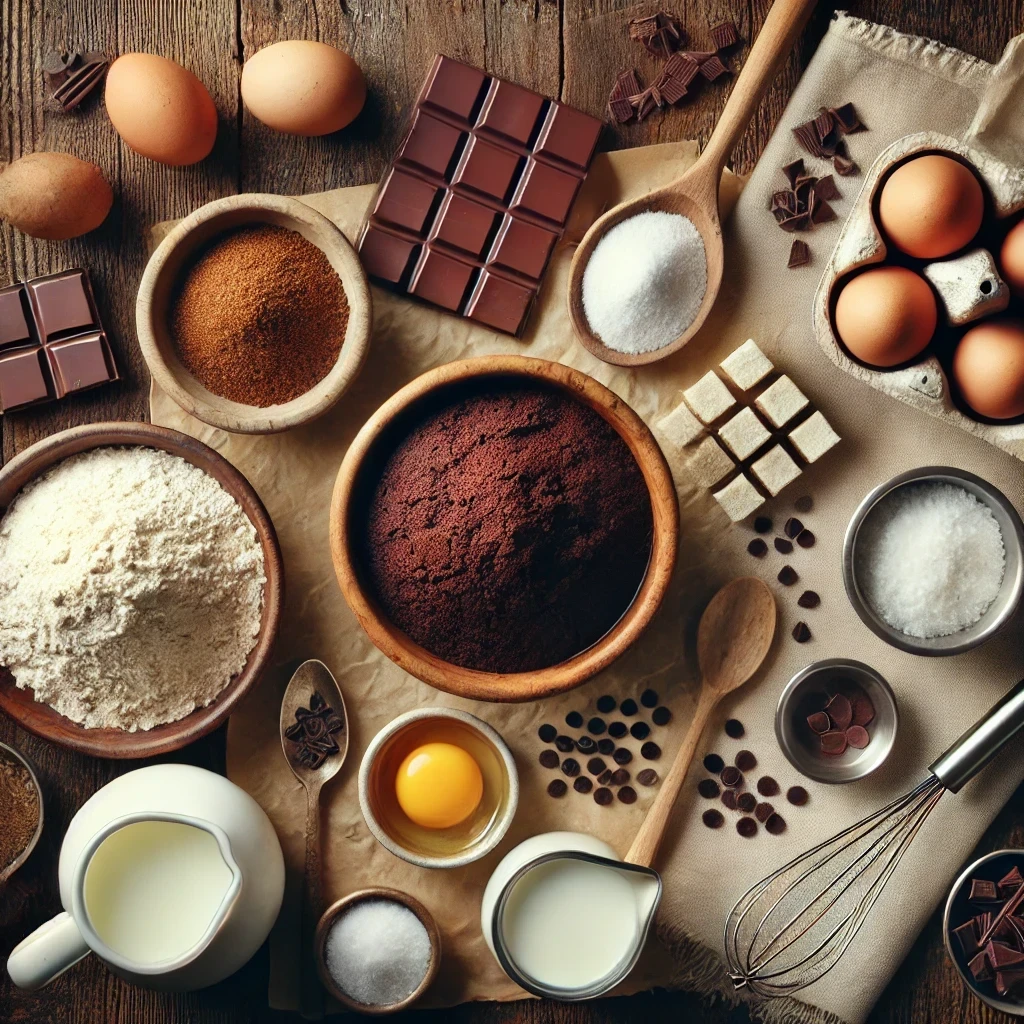 Top-down shot of ingredients for warm chocolate cake pudding, including gluten-free flour, cocoa powder, baking powder, salt, coconut sugar, milk in a rustic pitcher, a whole egg and a cracked egg, vanilla extract, coconut oil, and scattered chocolate chips. The ingredients are arranged neatly on a rustic wooden surface with a wooden spoon, whisk, and baking dish, creating a visually balanced and inviting baking scene