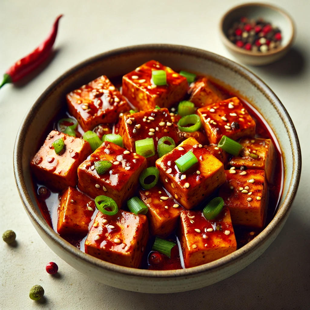 A bowl of Vegetarian Mapo Tofu garnished with green onions and chili flakes, with chopsticks placed beside it on a neutral background. The tofu cubes are coated in a rich, red sauce with Sichuan peppercorns and a drizzle of chili oil, highlighting the dish's vibrant colors and textures