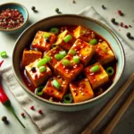 Close-up of Vegetarian Mapo Tofu in a bowl, garnished with green onions and chili flakes, with chopsticks placed beside. The tofu cubes are coated in a rich red sauce with visible Sichuan peppercorns and a drizzle of chili oil, all set on a neutral background.