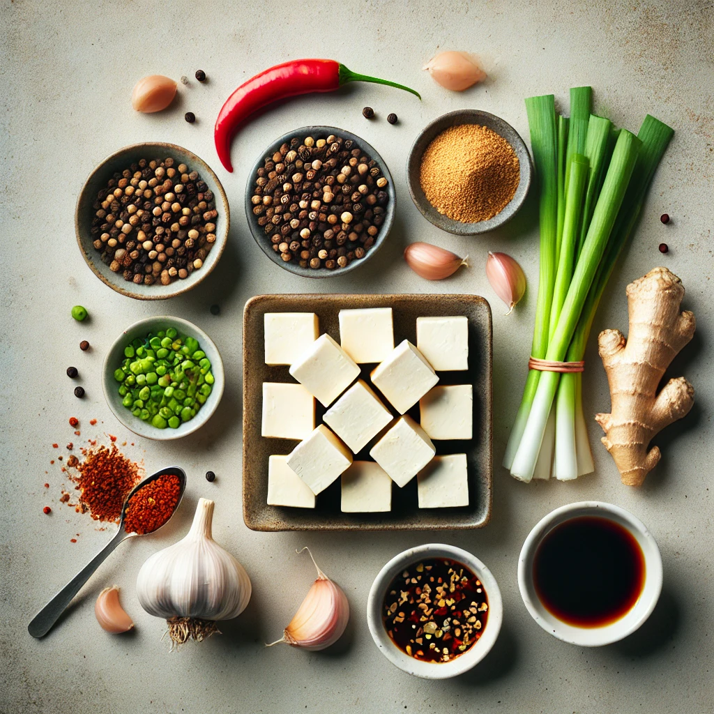 Top-down view of key ingredients for Vegetarian Mapo Tofu, including tofu cubes, Sichuan peppercorns, garlic cloves, a piece of ginger, chopped green onions, a bowl of doubanjiang, soy sauce in a small dish, and chili oil, arranged on a neutral background.