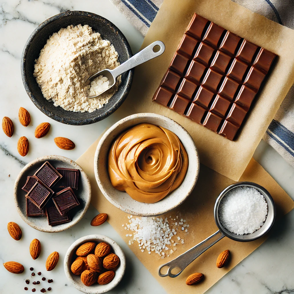 Flat-lay of almond butter truffle ingredients on a marble countertop, including a bowl of almond butter, dark chocolate pieces, almond flour, and a dish of sea salt, arranged with measuring spoons and parchment paper for a clean, inviting look