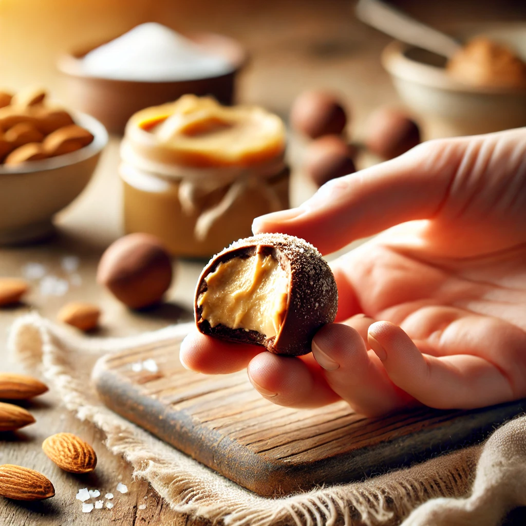 Close-up of a hand holding an almond butter truffle with a bite taken out, revealing the creamy almond butter filling. The background is softly blurred with warm lighting, giving a cozy, rustic feel.