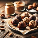 Close-up view of almond butter truffles coated in dark chocolate and sprinkled with crushed almonds, arranged on a parchment-lined plate on a rustic wooden table. Background elements include a jar of almond butter and a small bowl of sea salt, enhancing the homemade dessert atmosphere