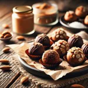 Close-up view of almond butter truffles coated in dark chocolate and sprinkled with crushed almonds, arranged on a parchment-lined plate on a rustic wooden table. Background elements include a jar of almond butter and a small bowl of sea salt, enhancing the homemade dessert atmosphere