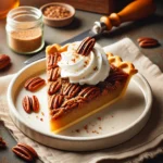 A slice of keto pecan pie on a white dessert plate, garnished with a dollop of sugar-free whipped cream and a sprinkle of crushed pecans. The background includes a fork and a linen napkin, with warm lighting creating a cozy atmosphere.