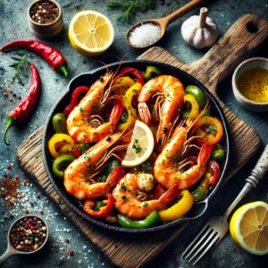 Spicy shrimp served in a skillet with colorful bell peppers, garnished with lemon slices and fresh herbs, presented in a rustic and appetizing style.