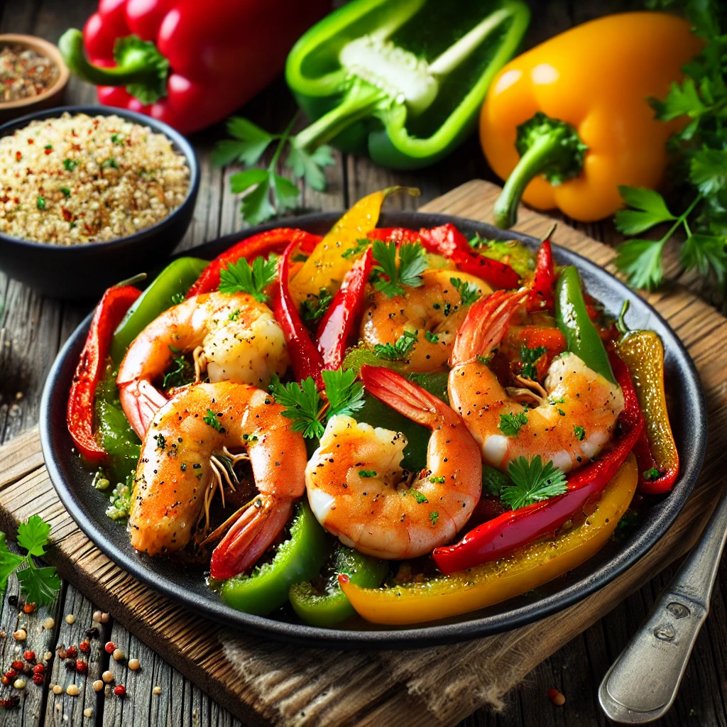 A vibrant plate of spicy shrimp garnished with fresh parsley, served with colorful bell peppers, and a side of quinoa in a small bowl, presented on a rustic wooden table.