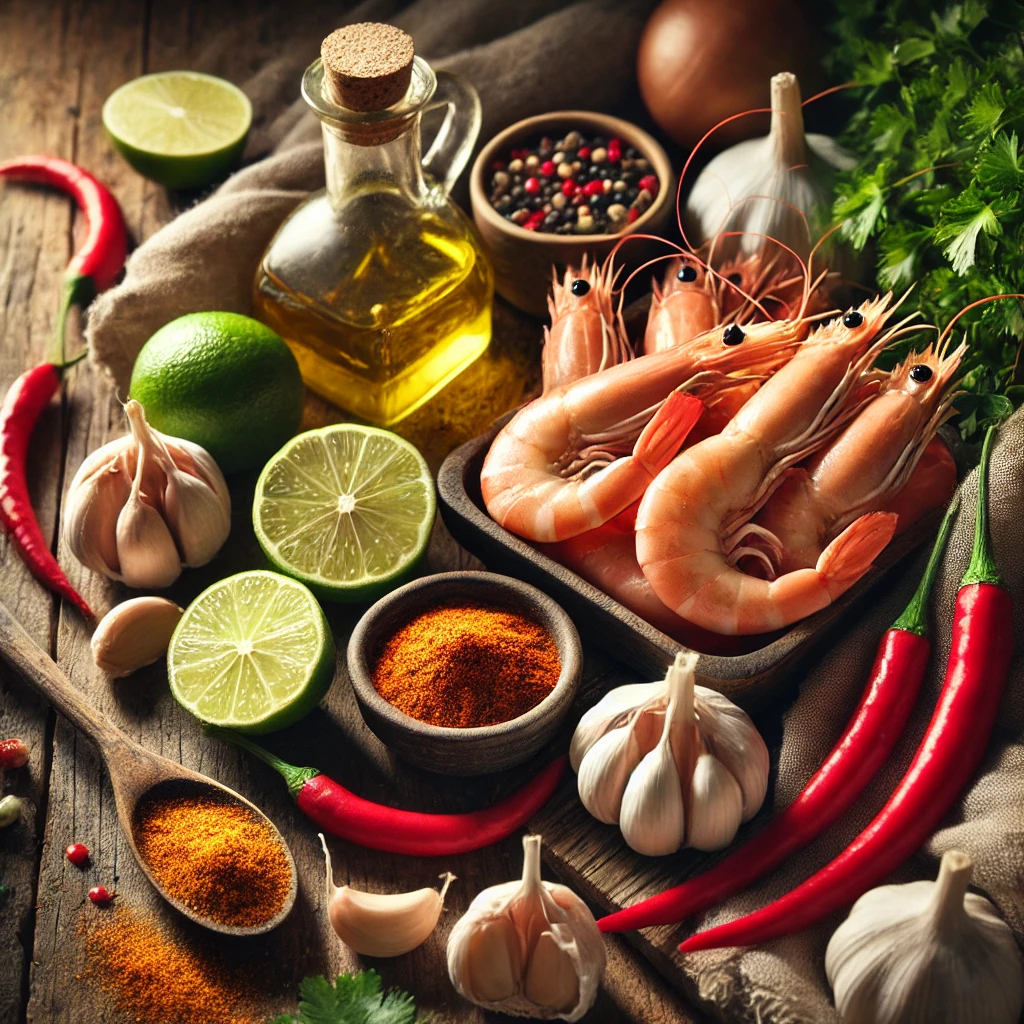 A rustic display of ingredients for a spicy shrimp recipe, including fresh shrimp, garlic cloves, lime wedges, red chili peppers, paprika, cayenne pepper, olive oil, and parsley. The items are arranged on a wooden surface with warm lighting, highlighting the textures and colors in a cozy, homey atmosphere.