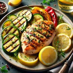 Grilled lemon herb chicken breast served with lemon slices, fresh herbs, and grilled vegetables like zucchini and bell peppers on a plate. A bright and appetizing healthy meal. low-calorie