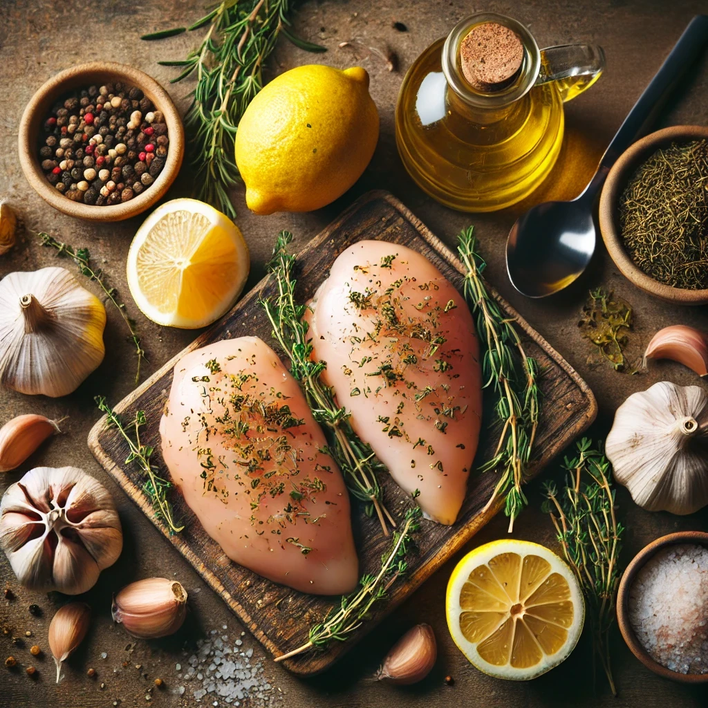 Ingredients for grilled lemon herb chicken breast recipe, low-calorie including fresh chicken breasts, lemons, garlic cloves, olive oil, fresh thyme, dried oregano, salt, and black pepper. Arranged artistically on a wooden surface, highlighting their natural textures in a cozy, rustic atmosphere.